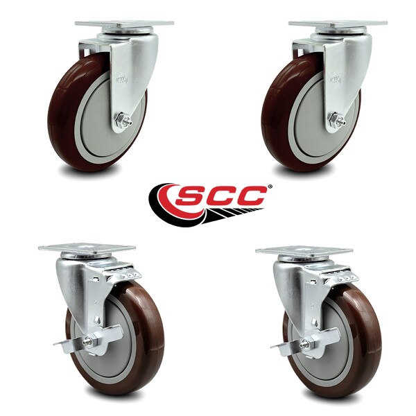 5 Inch Maroon Polyurethane Wheel Swivel Top Plate Caster Set With 2 Brakes SCC